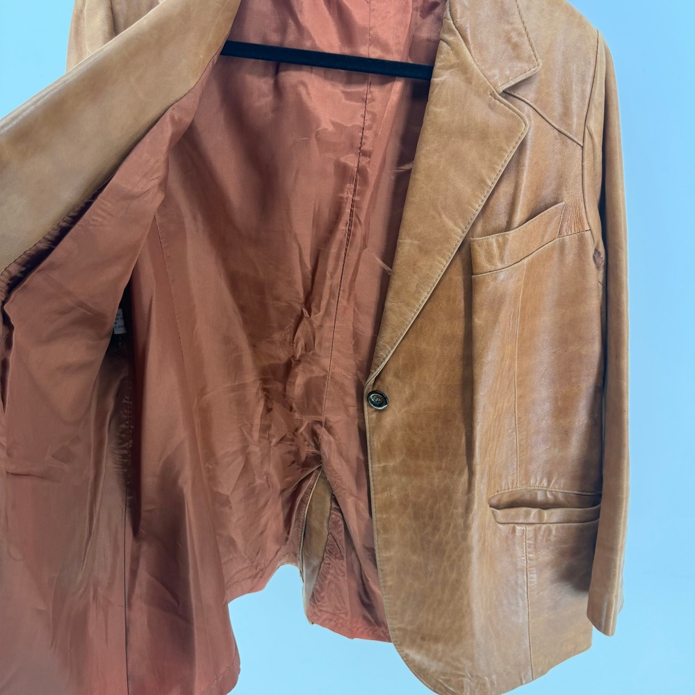 Jordache Leather Blazer Women Large Cognac Brown Vintage 70s 80s Jacket FLAW - Picture 8 of 16